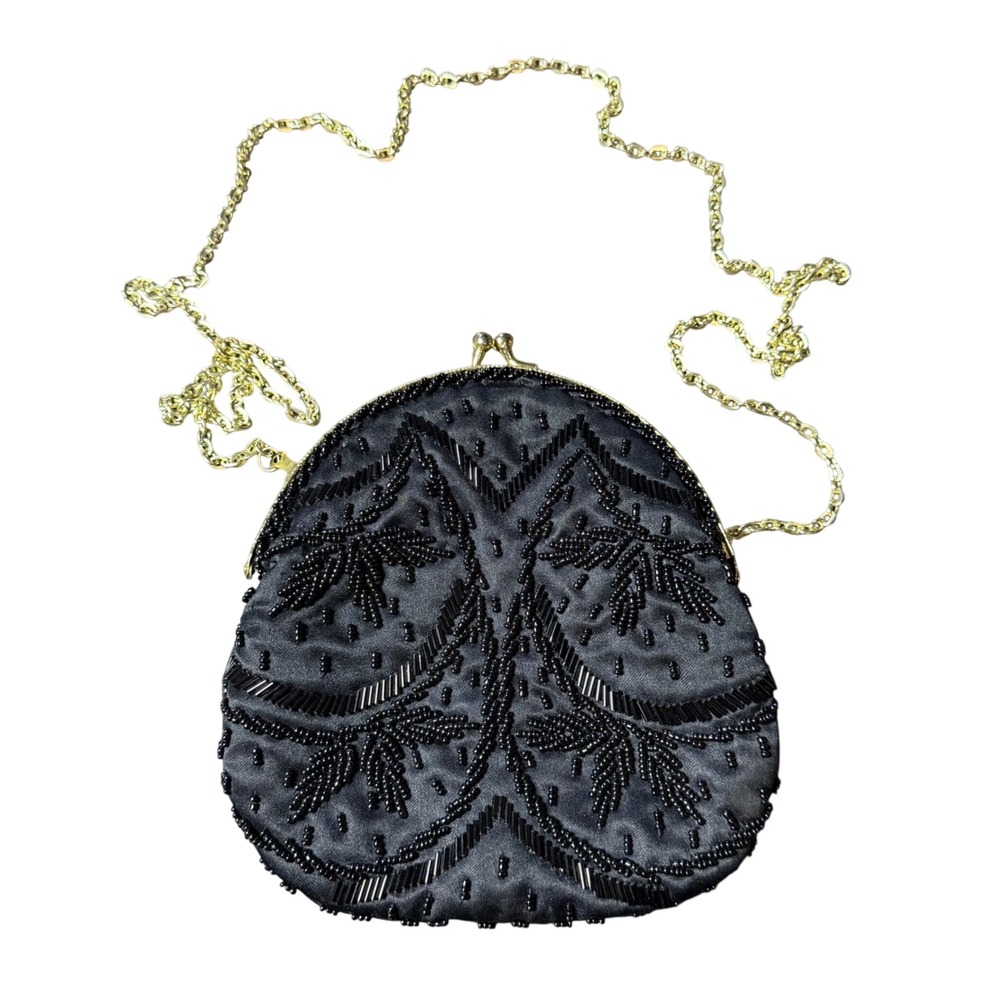 Beaded Evening‎ Bag Clutch Purse Black Formal Party Gold Chain Vintage
